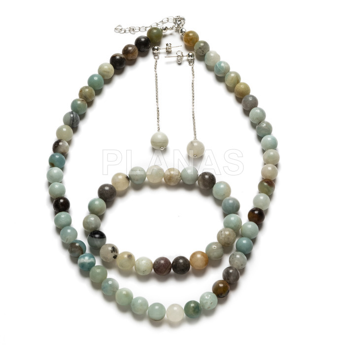 Set of necklace, bracelet and earrings in sterling silver and amazonite.