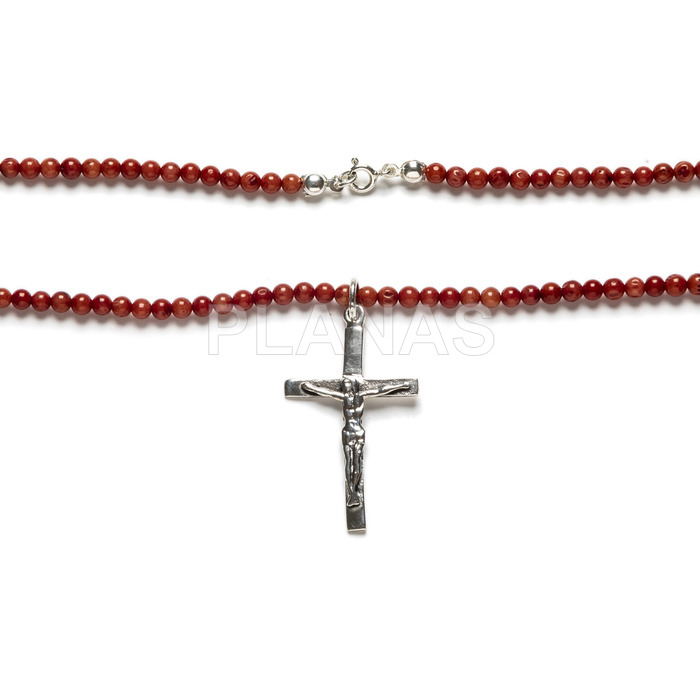 Necklace in sterling silver with coral bambu balls. cross.