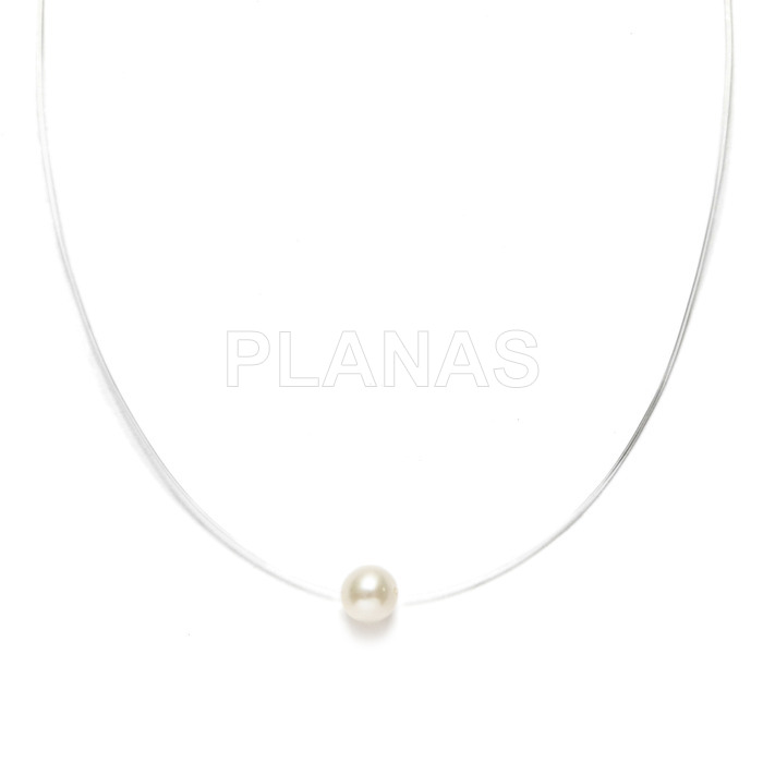 Invisible necklace finished in sterling silver and 6mm cultured pearl.