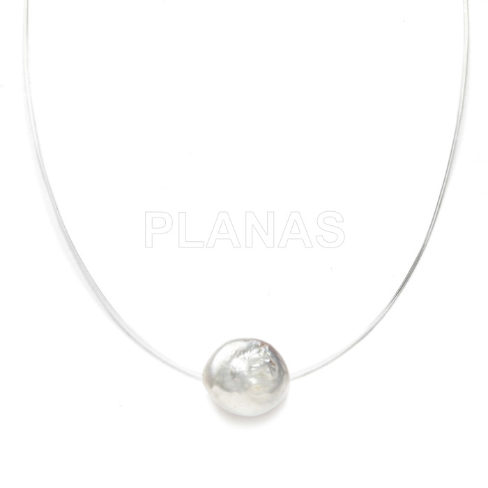 Invisible necklace finished in sterling silver and 14mm cultured pearl.