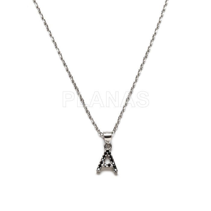 Necklace with initial in rhodium plated sterling silver and black zircons.