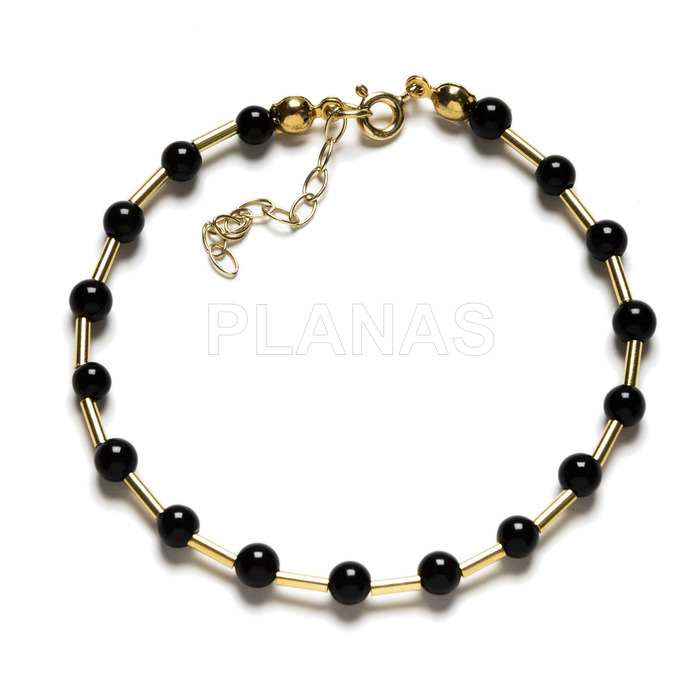 Conjunto em banho de prata e ouro de 2 peças, colar e pulseira. Ônix.