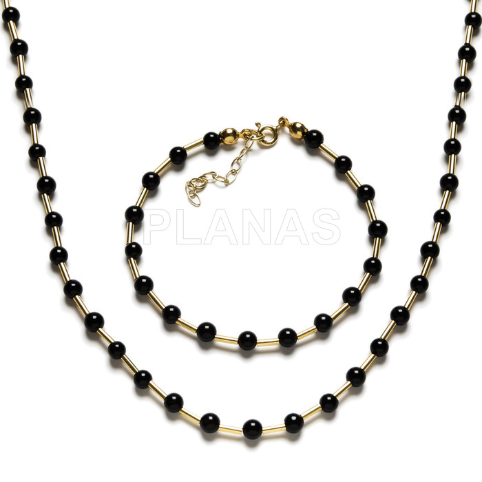 Set in sterling silver and gold bath of 2 pieces, necklace and bracelet. onyx.