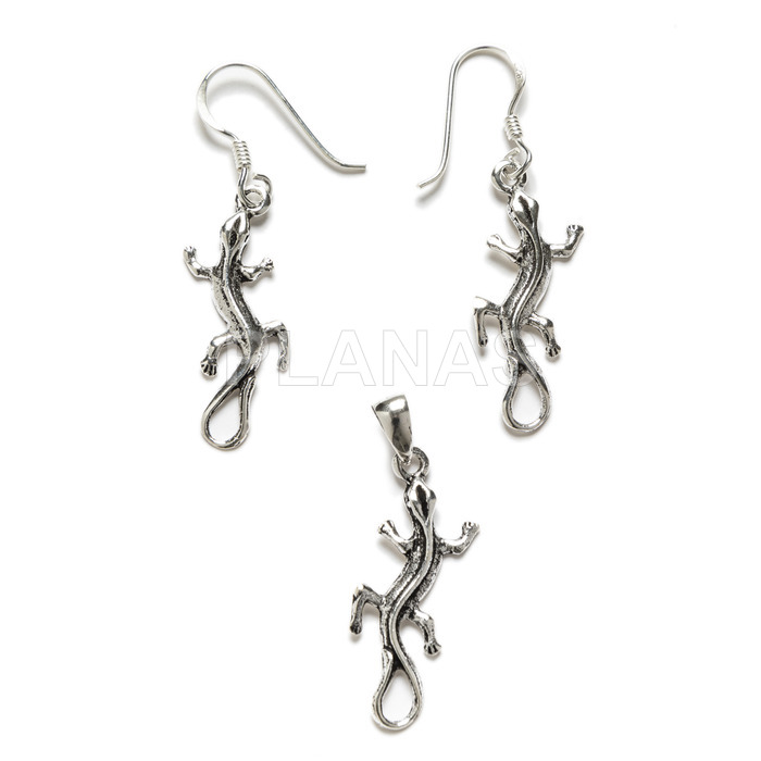 Earrings and pendant in sterling silver. lizard.