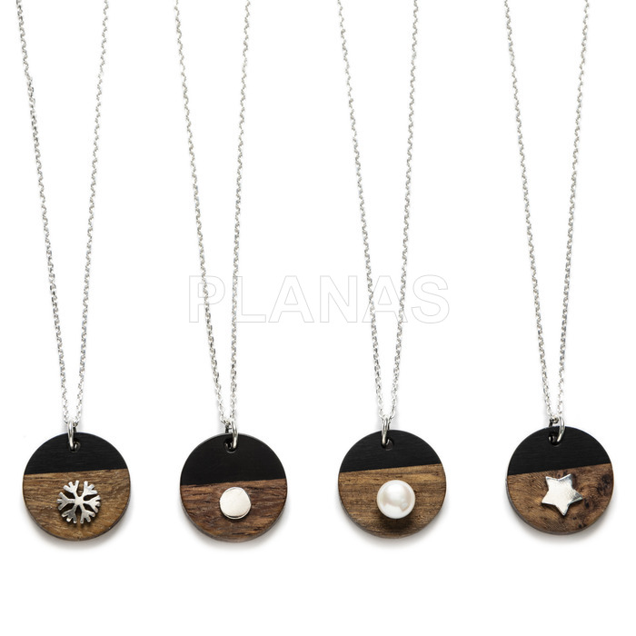 Sterling silver necklace with wood and resin motif.