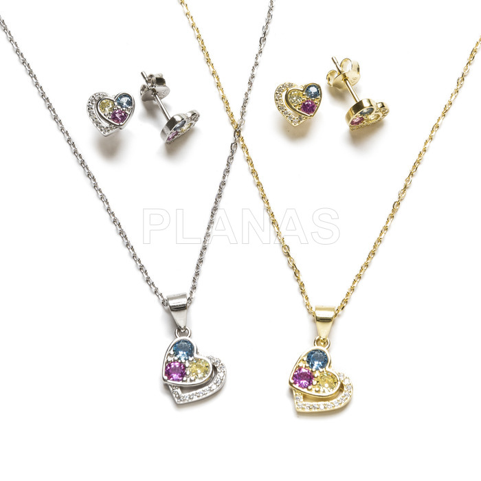 Set in rhodium plated sterling silver with color zircons, earrings and pendant. heart.