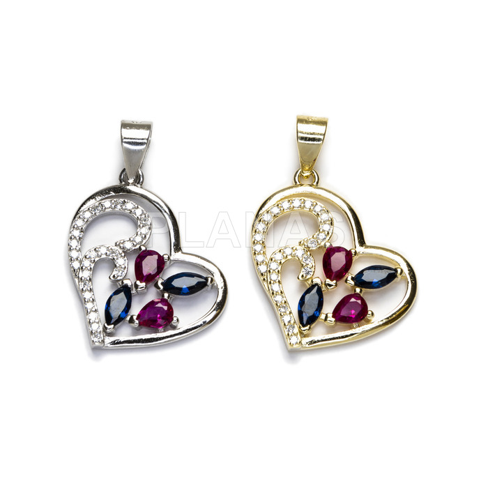 Pendant in rhodium plated sterling silver and color zircons. heart.