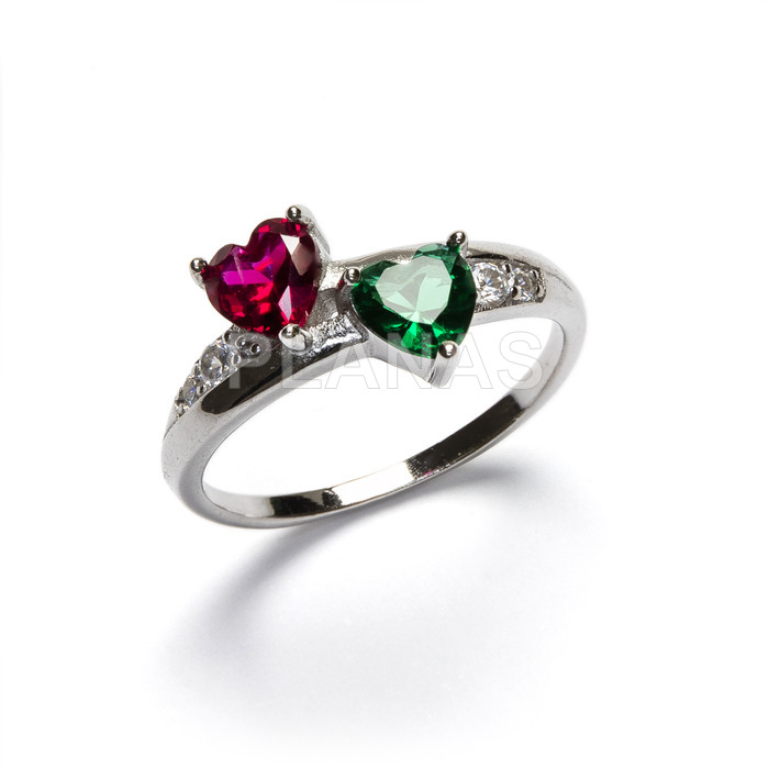 Ring in rhodium plated sterling silver and colored zircons. hearts.