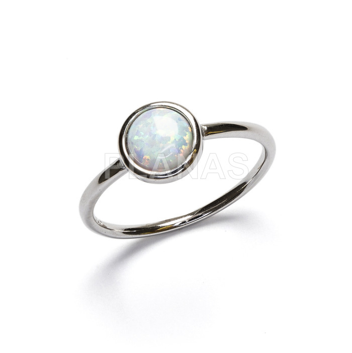 Rhodium plated sterling silver ring. opal.