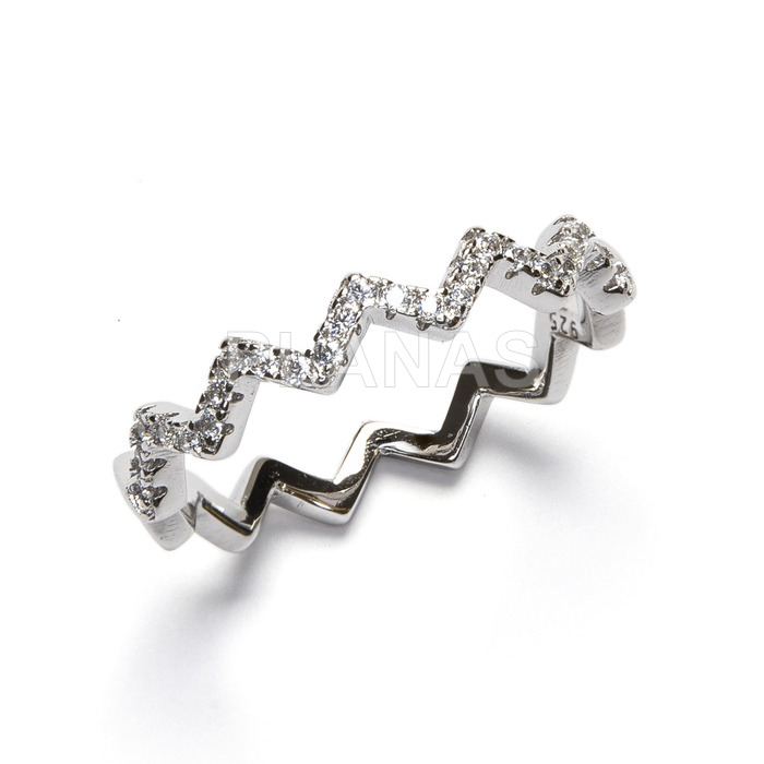 Ring in rhodium plated sterling silver and white zircons. zig zag.