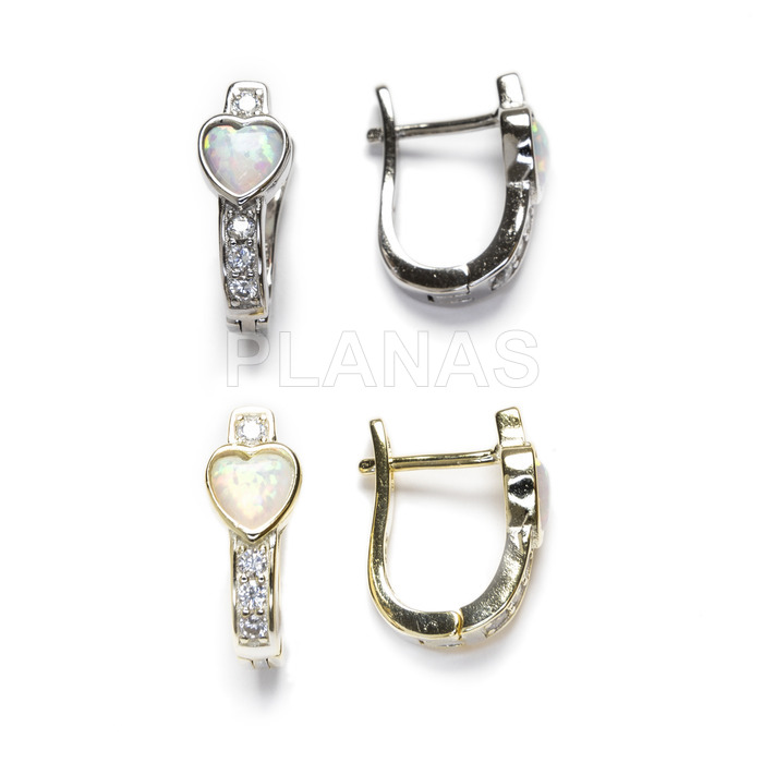 Rhodium plated sterling silver earrings with zircons and opal. heart.