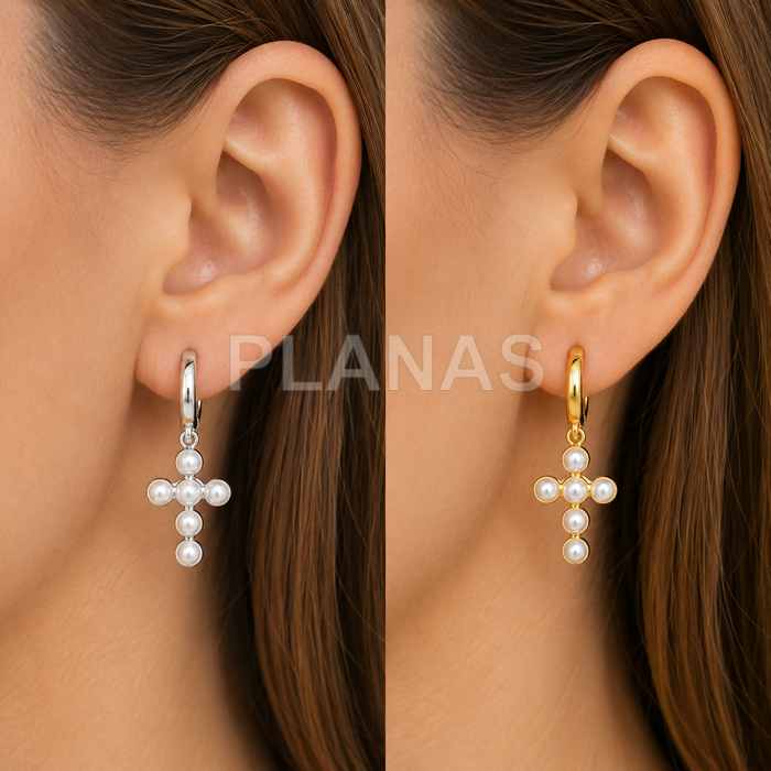 Argolas em prata de lei e pérolas nacaradas 2mm. cruz.