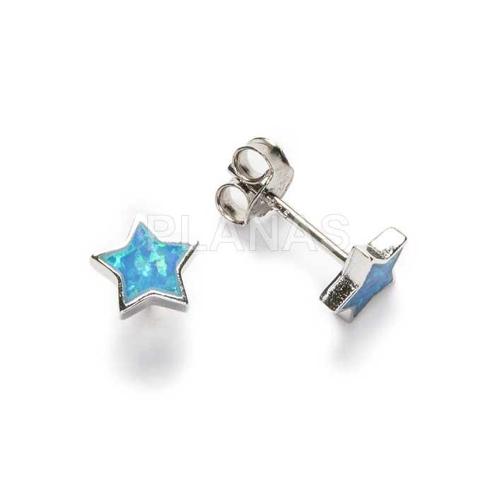 Rhodium plated sterling silver and opal earrings. star.