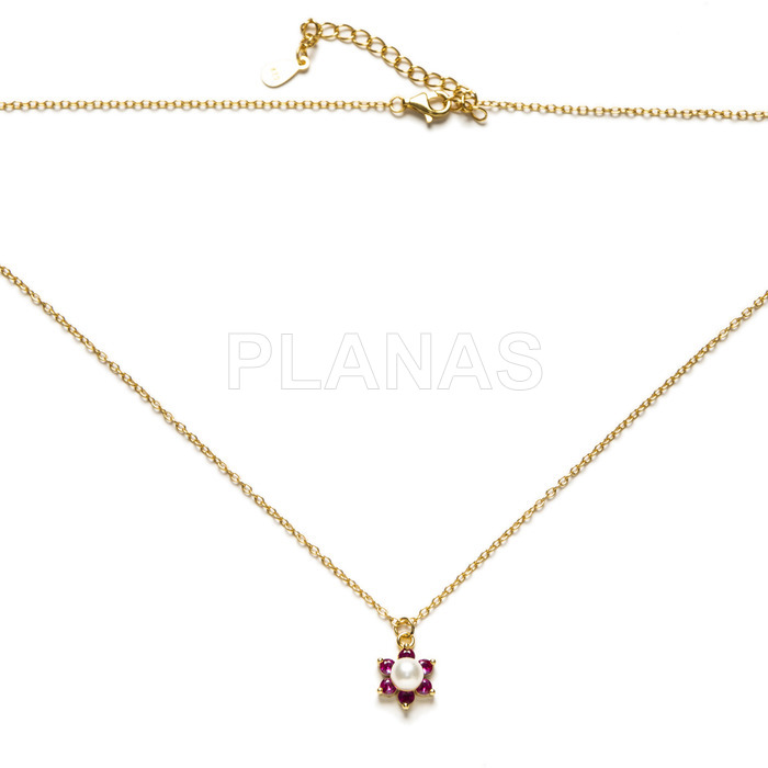Sterling silver and gold plated necklace with fuchsia zircons and 5mm cultured pearl.