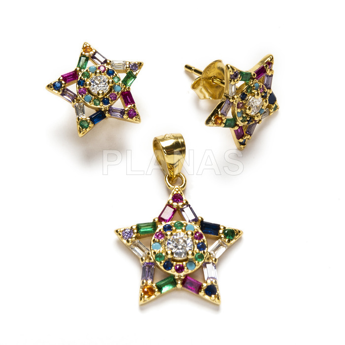 Rhodium plated sterling silver set with colored zircons, earrings and pendant. star.