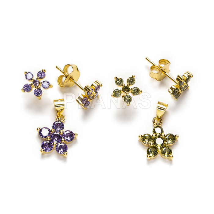 Set in sterling silver and gold plated with zircons, earrings and pendant.