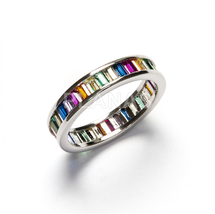 Ring in rhodium plated sterling silver and colored square zircons.