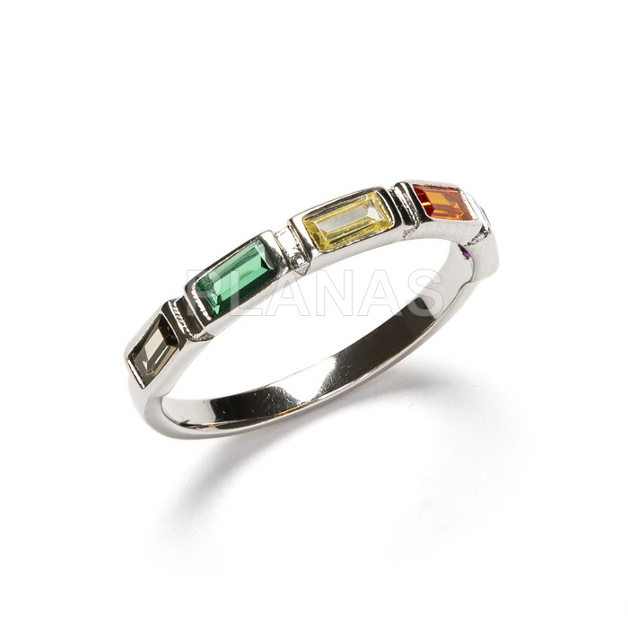 Half round ring in rhodium plated sterling silver and colored square zircons.
