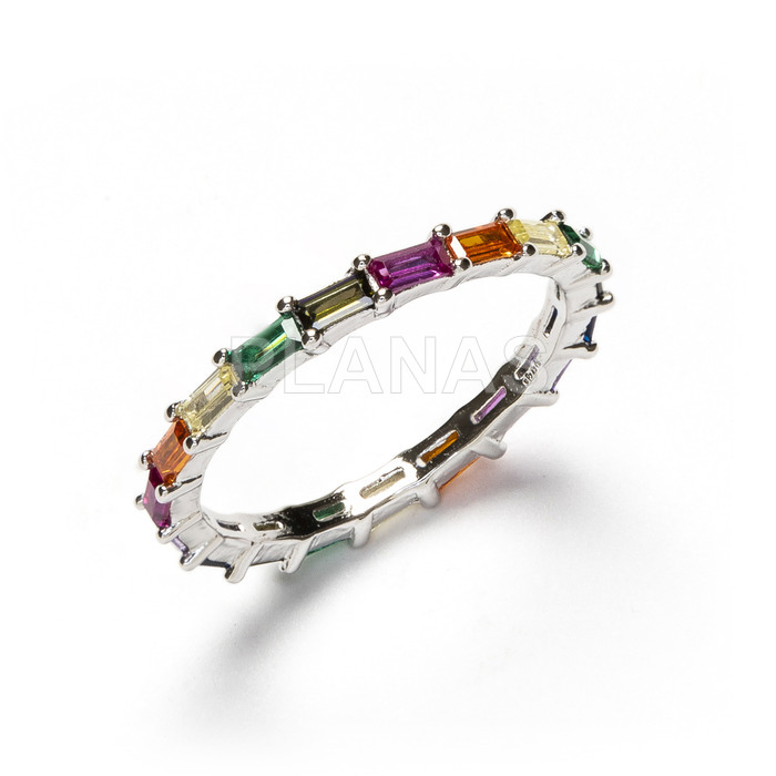 Ring in rhodium plated sterling silver and colored zircons.