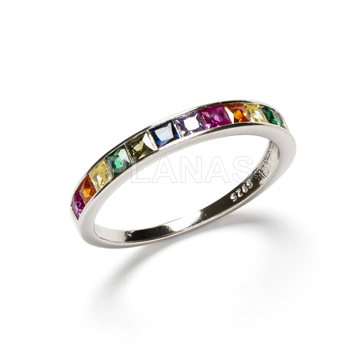 Half round ring in rhodium plated sterling silver and colored zircons.