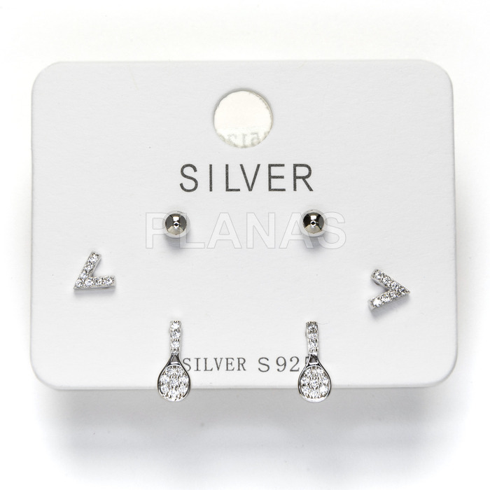 Set of 3 pairs of rhodium plated sterling silver and zirconia earrings. padel.