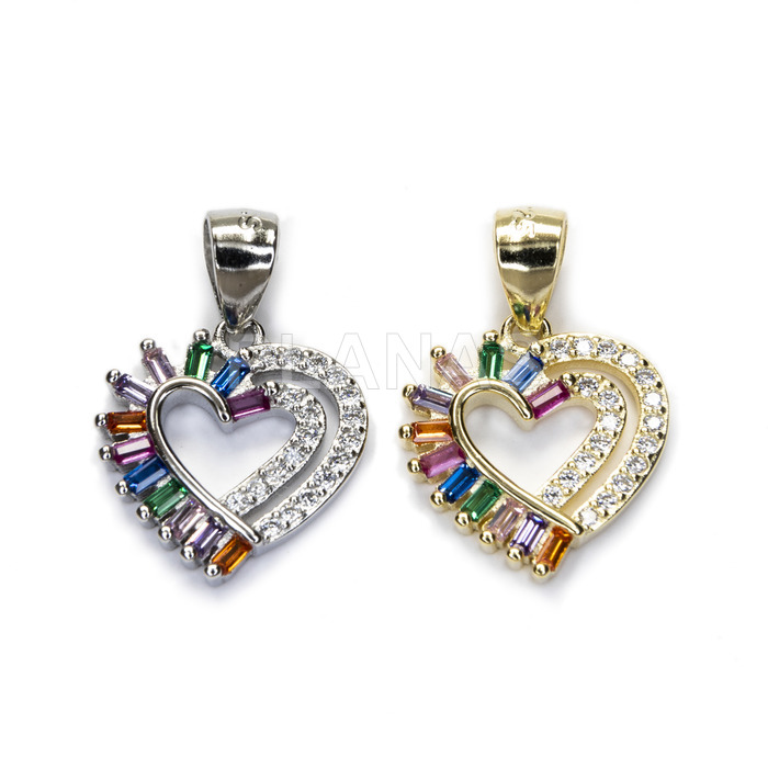 Pendant in rhodium-plated sterling silver and colored zircons. heart.