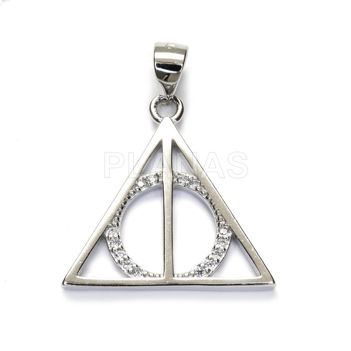 Rhodium plated sterling silver pendant. deathly hallows.