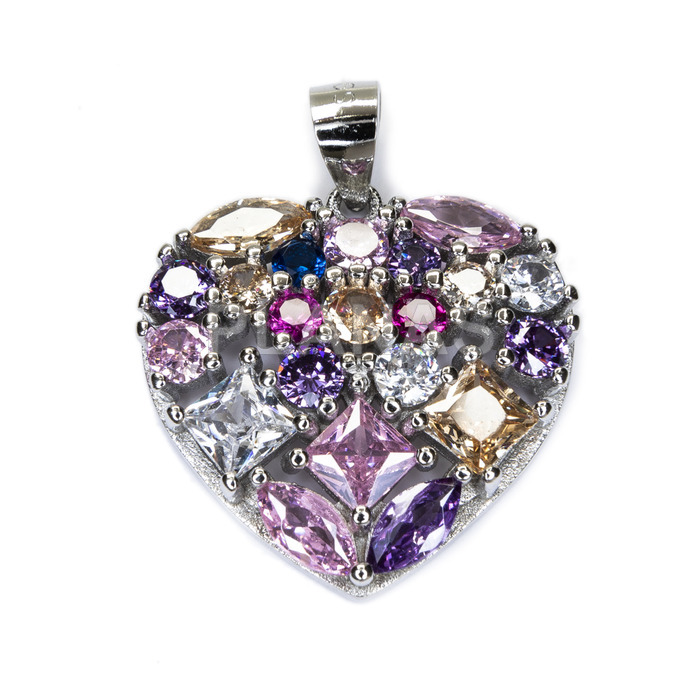 Pendant in rhodium plated sterling silver and colored zircons. heart.
