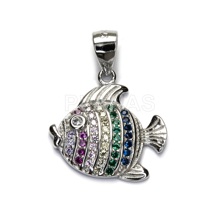 Pendant in rhodium-plated sterling silver and colored zircons. fish.