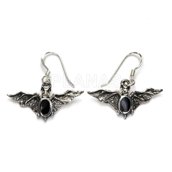 Earrings and pendants in sterling silver with black enamel. bat.