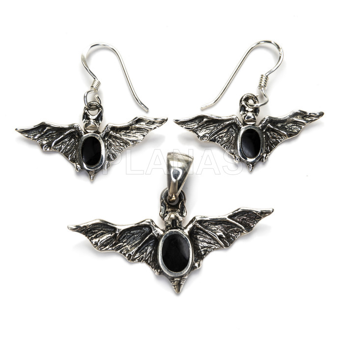 Earrings and pendants in sterling silver with black enamel. bat.