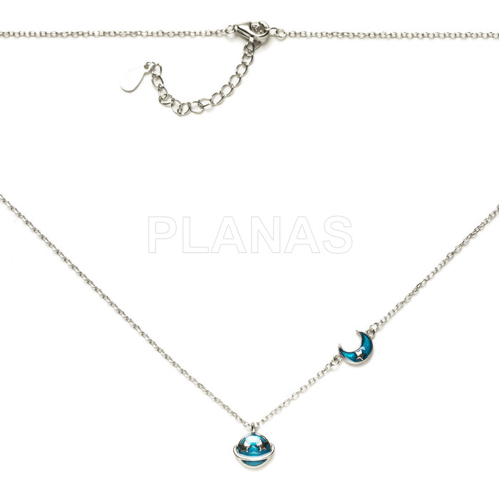 Rhodium-plated sterling silver necklace with blue enamel. moon and planet.