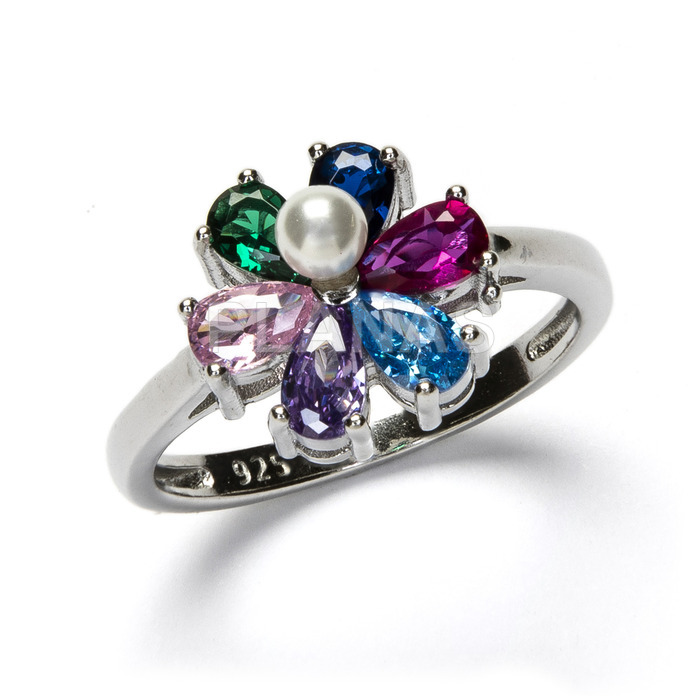 Ring in rhodium-plated sterling silver and colored zircons. flower.