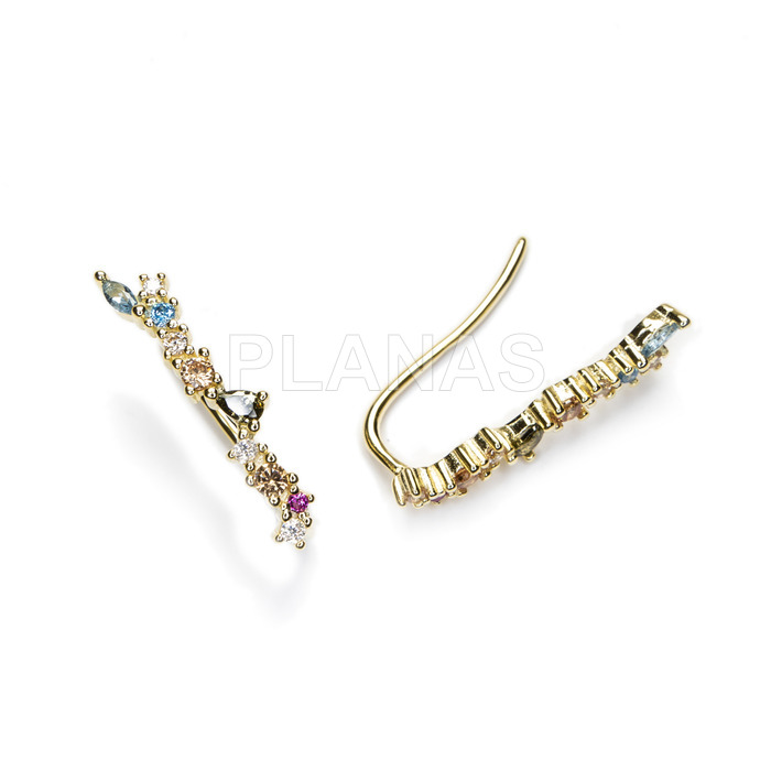 Pendientes Trepadores en Plata de ley y baño oro con circonitas de Colores. 