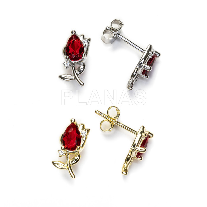 Pendientes en Plata de ley Rodiada y Circonitas Roja.ROSA.