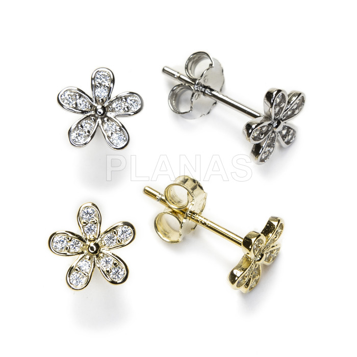 Rhodium plated sterling silver and white zirconia earrings. flower.