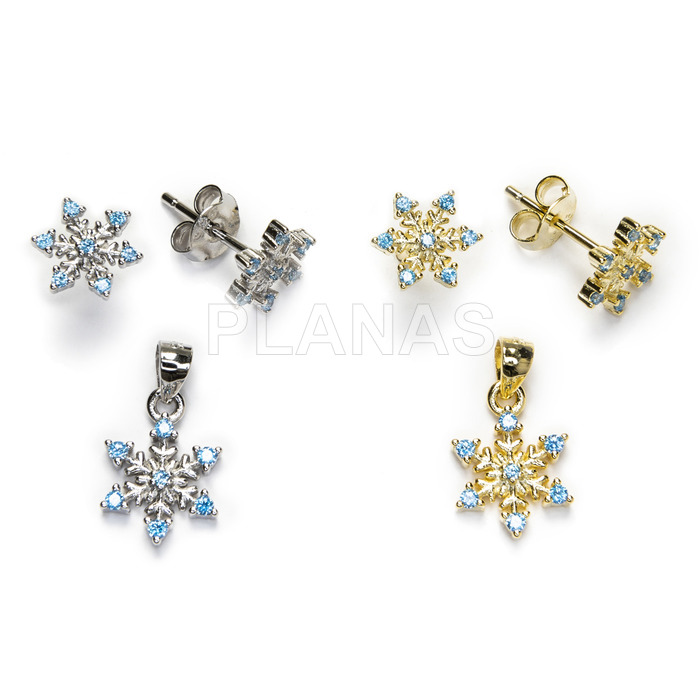 Rhodium-plated sterling silver and zircons set. snowflake.