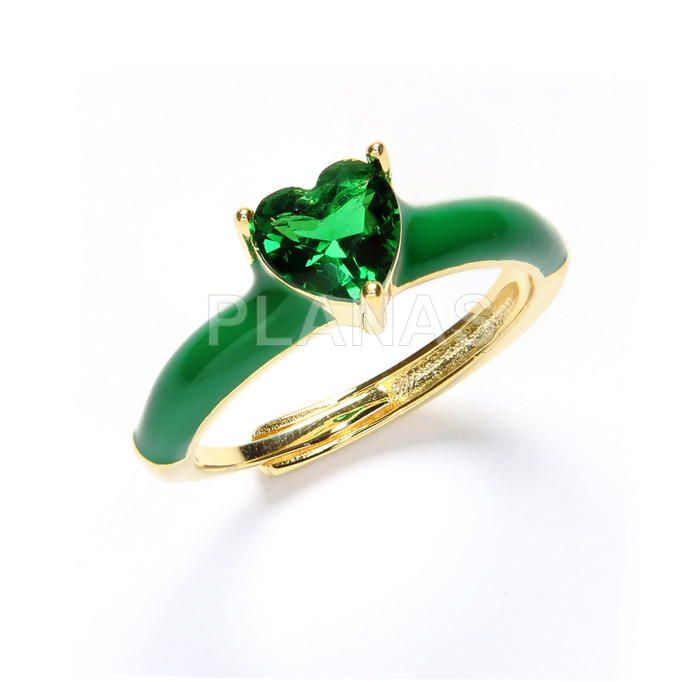 Ring in sterling silver and gold plated with white zirconia and green enamel. heart.