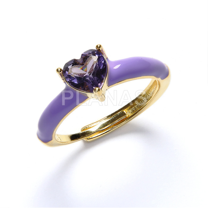 Ring in sterling silver and gold plated with zirconia and lilac enamel. heart.