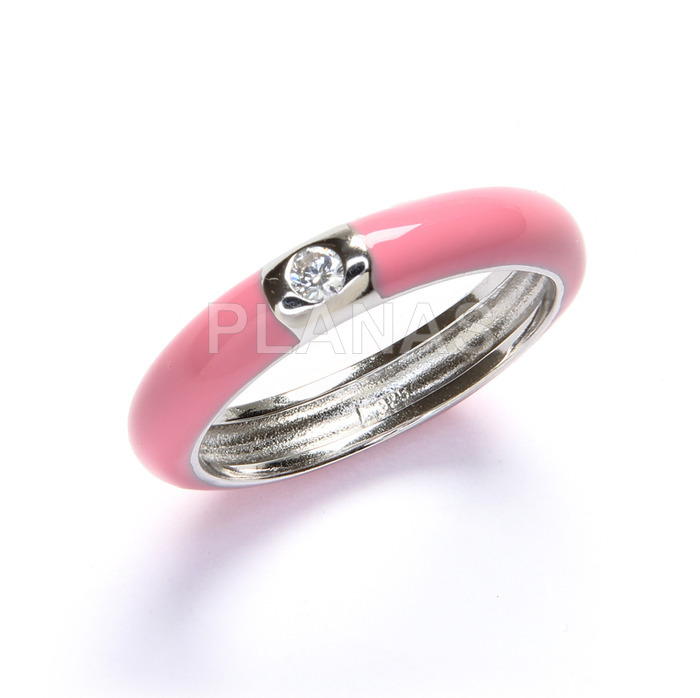 Rhodium plated sterling silver ring with zirconia and pink enamel.
