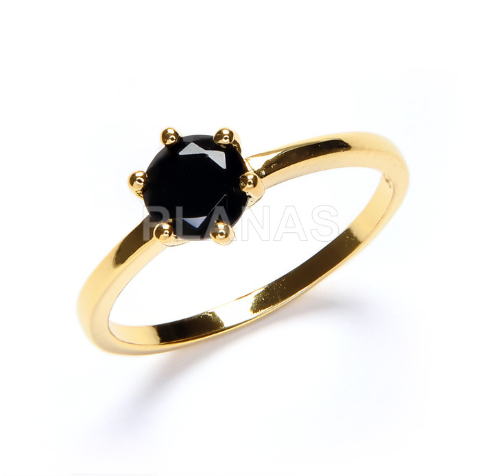 One micron gold plated sterling silver ring with black zirconia.
