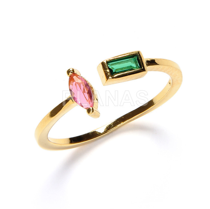 Sterling silver and gold plated one micron ring with green and pink zirconia.