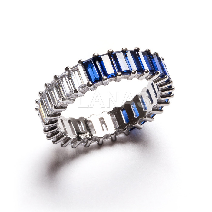 Ring in rhodium plated sterling silver and blue and white zircons.