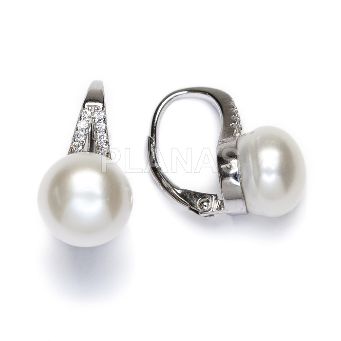 Rhodium plated sterling silver, cultured pearl and zirconia earrings.