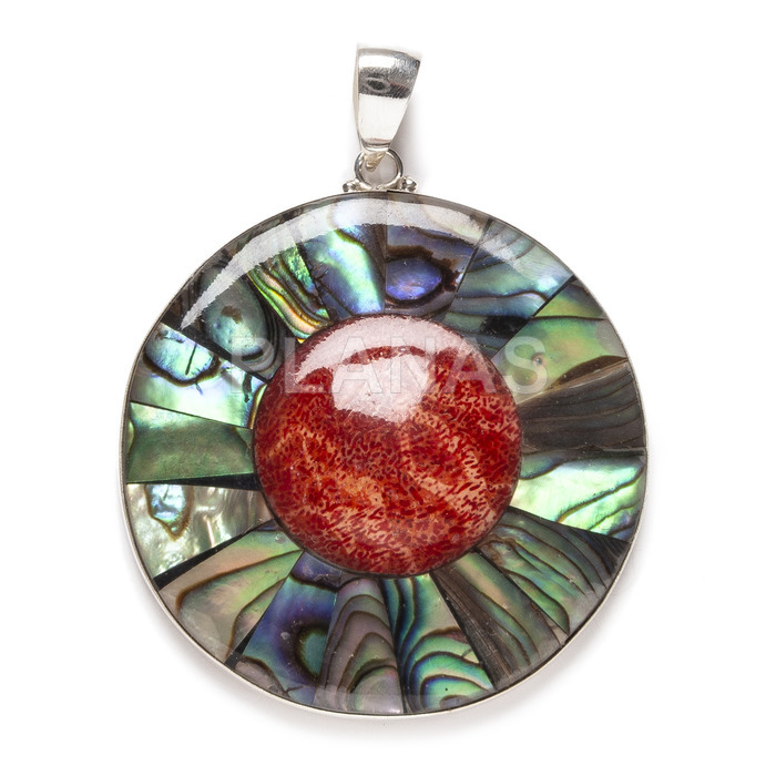 Sterling silver pendant with coral and abalone.