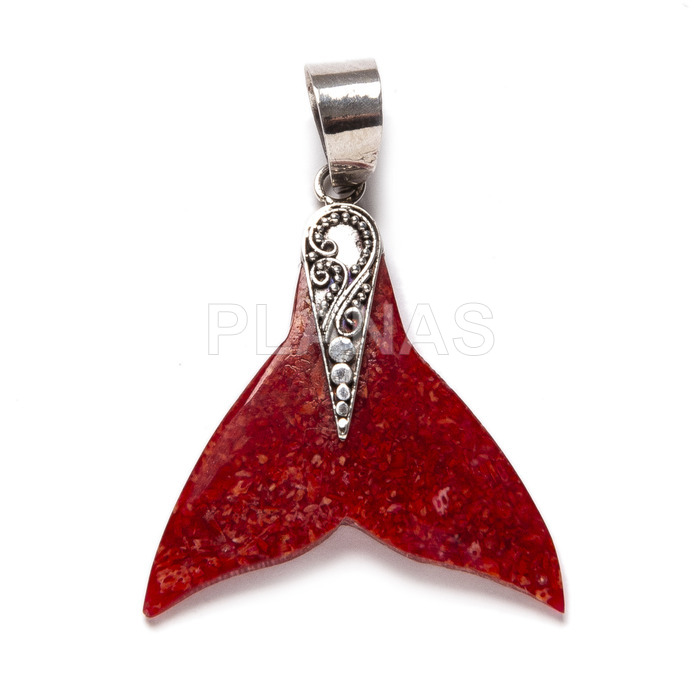 Pendant in sterling silver and coral. whale tail.