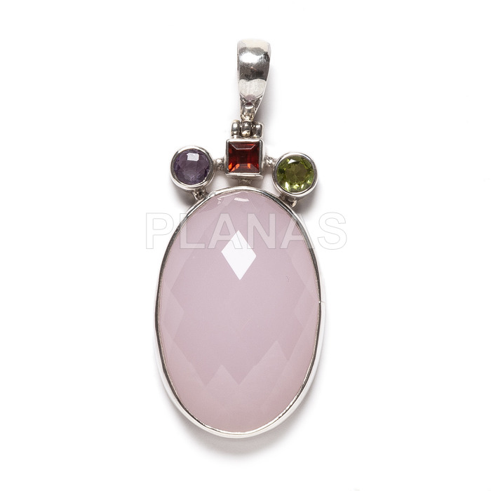 Pendant in sterling silver and natural stones. pink quartz.