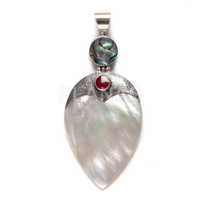 Sterling silver and mother of pearl pendant with abalone and coral.