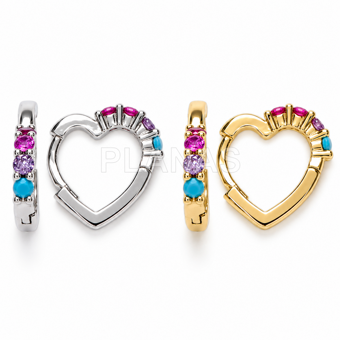 Aros en Plata de ley y Circonitas de Colores. CORAZÓN. 