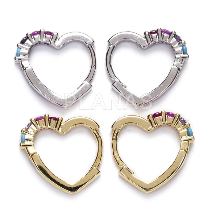 Hoops in rhodium plated sterling silver and colored zircons. heart.